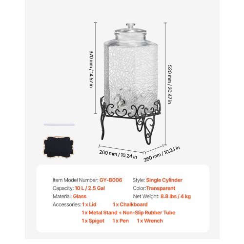 Drikkevareautomat, 40x21x21 cm, 10L, Glas, Transparent, Metalstativ