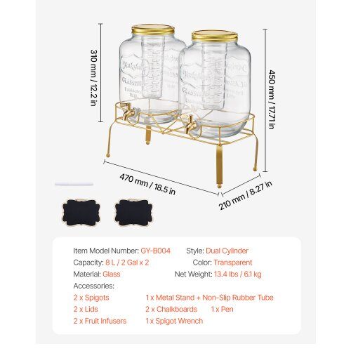 Dryckesdispenser, 41.4x17.7x44 cm, Glas, Rostfritt stål, Transparent