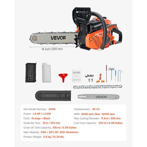 Kædesav, 40 cc benzin, 35.5 cm, orange, træskæring