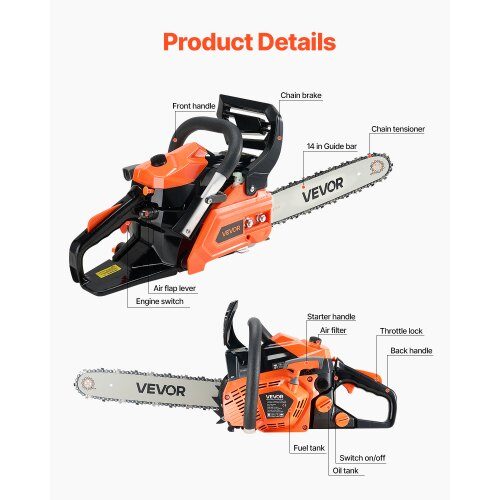 Kædesav, 40 cc benzin, 35.5 cm, orange, træskæring