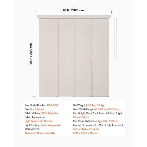 Panelgardiner, 218x243x7 cm, Lysebrun, Polyester