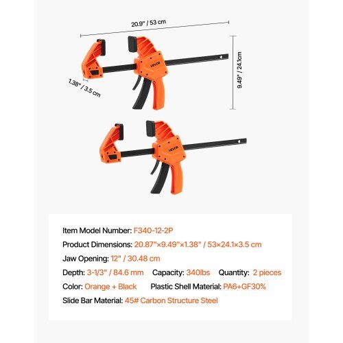 Skruvtvinge, 2-pack enhands tving/spännare, 53x24.1x3.5 cm, orange, plast och kolstål