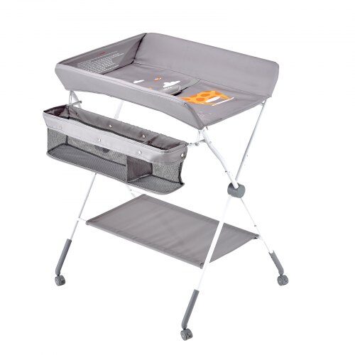 Baby puslebord, 84.8x74.5x103-109 cm, lysegrå, foldbar opbevaring