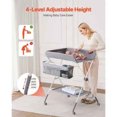 Skötbord, 84.8x74.5x103-109 cm, Ljusgrå, Fällbar Förvaring