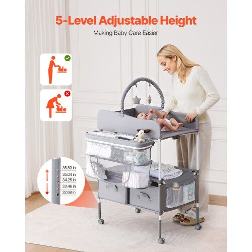 Skötbord, 76,2x75x100,5-108 cm, Ljusgrå, Förvaringsfack i tyg