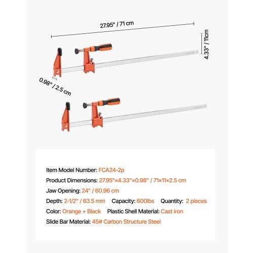 Puristuspihdit, 2 kpl, 61 cm avaus, 71x11x2.5 cm, oranssi, valurauta ja hiiliteräs