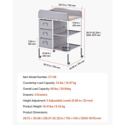 Skötbord, 75.5x51x100-107.5 cm, Grå, Förvaringsfack i tyg