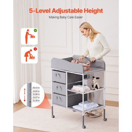 Skötbord, 75.5x51x100-107.5 cm, Grå, Förvaringsfack i tyg