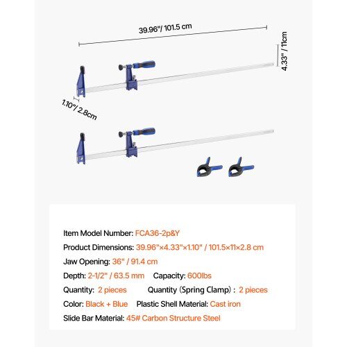 Skruvtvingar, 2-pack, 91.4 cm öppning, 63.5 mm djup, svart, gjutjärn och kolstål