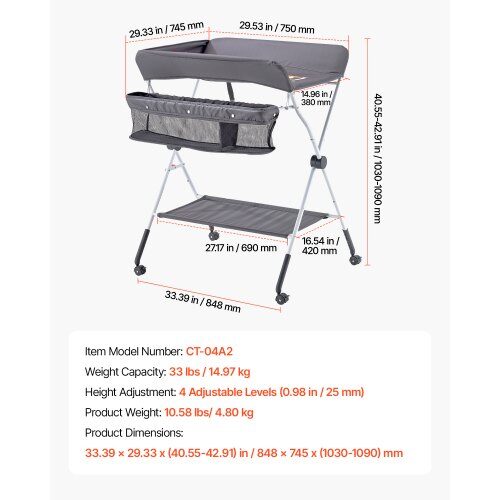 Skötbord, 84.8x74.5x103-109 cm, mörkgrå, fällbar förvaring