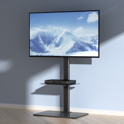 TV-taso, Kääntyvä korkea säädettävä lattia-TV-teline 66x38x129,6 cm, musta, karkaistu lasi