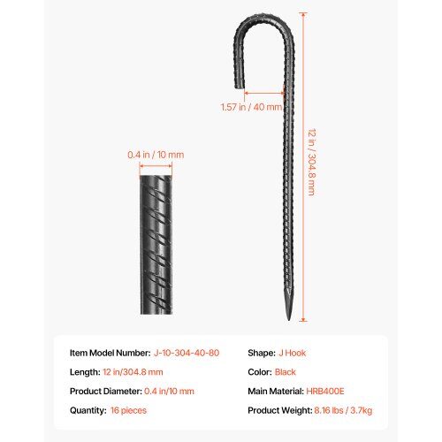 Rebarstavar, 16-pack J-krok, 30x6x1 cm, Svart, Galvaniserat stål