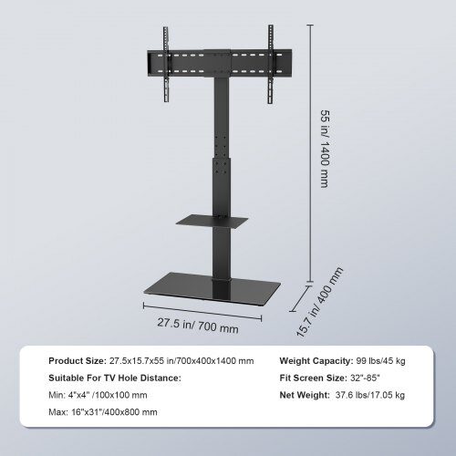 TV-bord, Drejeligt højt TV-bord 70x40x140 cm, Justerbart, Hærdet glas