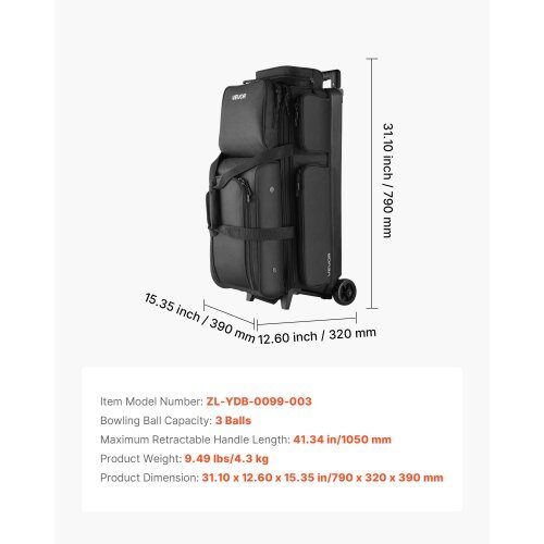 Bowlingkugletaske, 79x32x39 cm, Sort, 600D Oxfordstof