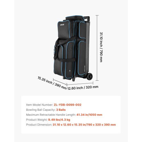 Bowlingkugletaske, 79x32x39 cm, Sort, Opbevaring til 3 kugler
