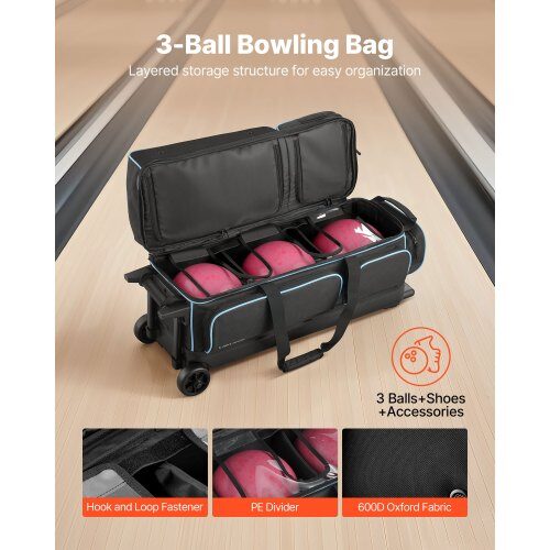 Bowlingkugletaske, 79x32x39 cm, Sort, Opbevaring til 3 kugler