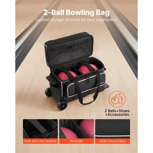 Bowlingkugletaske, 57x27x40 cm, Sort, med hjul og skorum