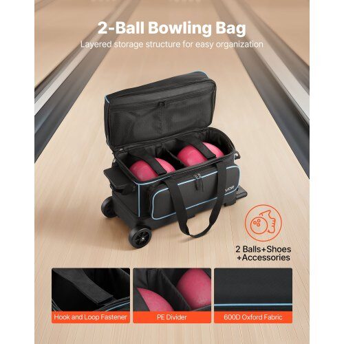 Bowlingkugletaske, 57x27x40 cm, Sort, med hjul og skorum