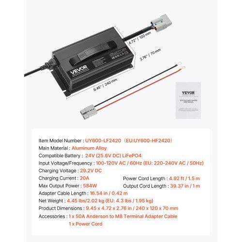 Lithium batterioplader, 24V 20A LiFePO4, 29,2V, AC-DC, Anderson-stik, LED-indikator