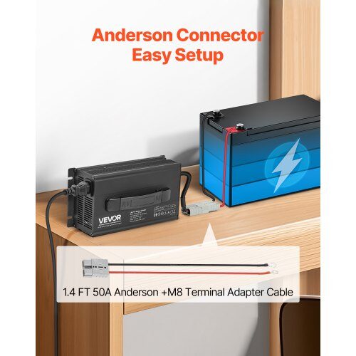 Lithium batterioplader, 24V 20A LiFePO4, 29,2V, AC-DC, Anderson-stik, LED-indikator