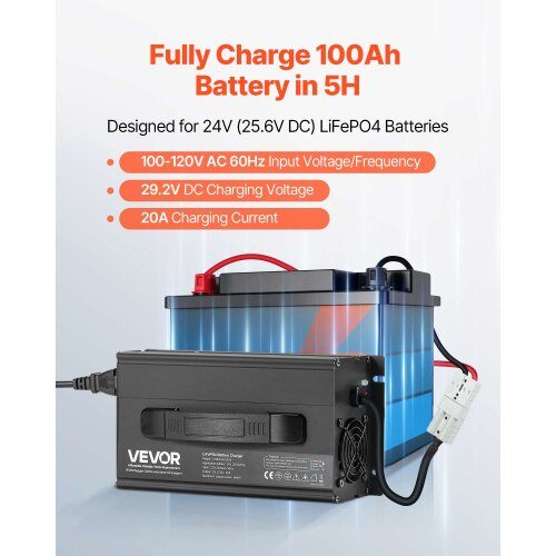 Lithium batterioplader, 24V 20A LiFePO4, 29,2V, AC-DC, Anderson-stik, LED-indikator
