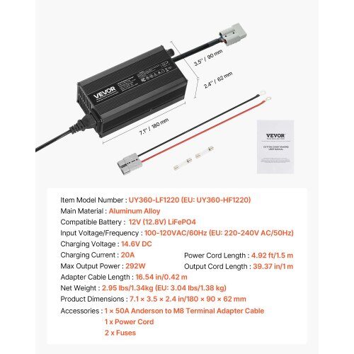 Batteriladdare, 12V 20A LiFePO4 Smart Laddare, AC-DC, LED-indikator, Aluminiumlegering