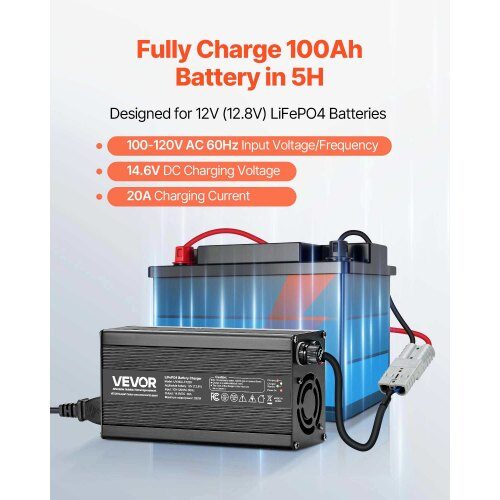 Batteriladdare, 12V 20A LiFePO4 Smart Laddare, AC-DC, LED-indikator, Aluminiumlegering