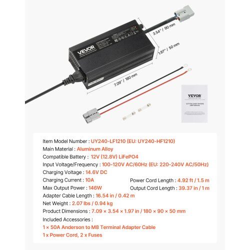Batterioplader, 12V 10A LiFePO4 Smart Oplader, AC-DC, LED-indikator, Aluminium
