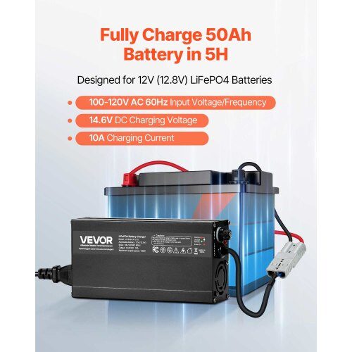 Batterioplader, 12V 10A LiFePO4 Smart Oplader, AC-DC, LED-indikator, Aluminium