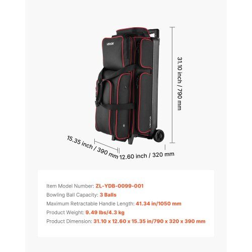 Bowlingkugletaske, 79x32x39 cm, Sort, 600D Oxfordstof