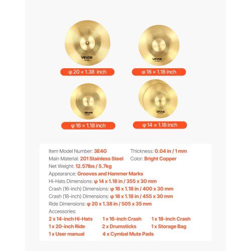 Cymbalset, 4 delar, 35,5x3 cm, 40x3 cm, 45,5x3 cm, 50,5x3,5 cm, Ljus koppar, Legering