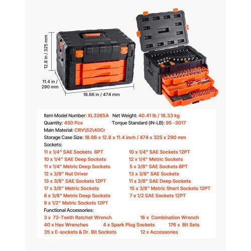 Mekaniker Verktygssats, 450 delar, 455x325x290 mm, Orange, Stål