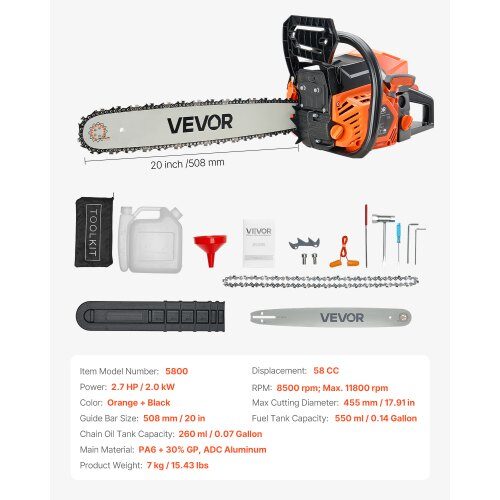 Kædesav, 58 cc benzindrevet, 50.8 cm sværd, orange, træskæring