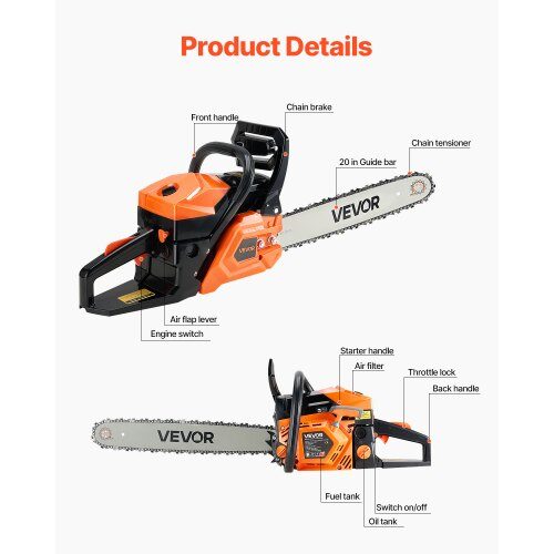 Kædesav, 58 cc benzindrevet, 50.8 cm sværd, orange, træskæring