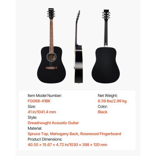 Akustisk gitarr nybörjarpaket, 1030x398x120 mm, svart, lock i gran