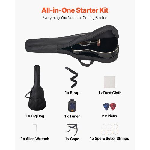 Akustisk gitarr nybörjarpaket, 1030x398x120 mm, svart, lock i gran