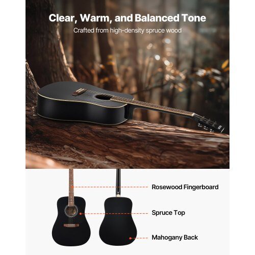 Akustisk gitarr nybörjarpaket, 1030x398x120 mm, svart, lock i gran