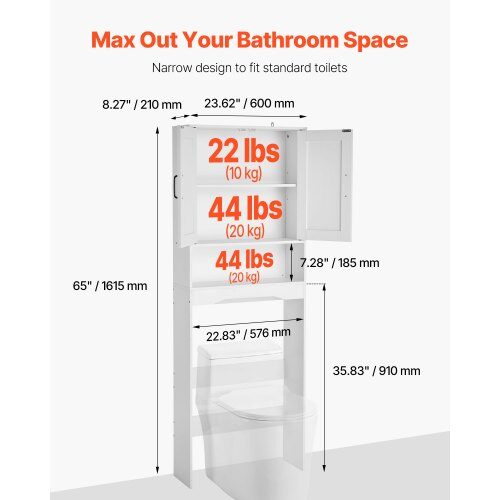 Over-the-toilet opbevaringsskab, 60x21x165.1 cm, hvid, opbevaring