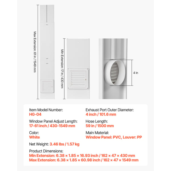 Torktumlarslang Fönsterkit, 162x47x1549 mm, Vit, PVC och PP