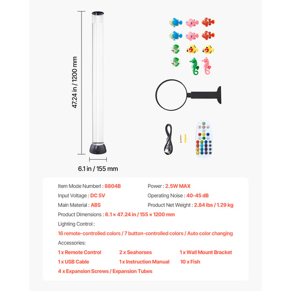 Bubble Tube Lampa, 120x15,5 cm, 16 Färger, Sensorisk Avslappningslampa