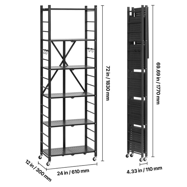 Opbevaringsreol, 6-niveaus sammenklappelig metal, 61x30x183 cm, sort, sammenklappelig
