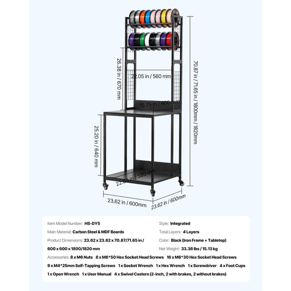 3D-printer filament opbevaringsreol, 60x60x1800 mm, sort, metal
