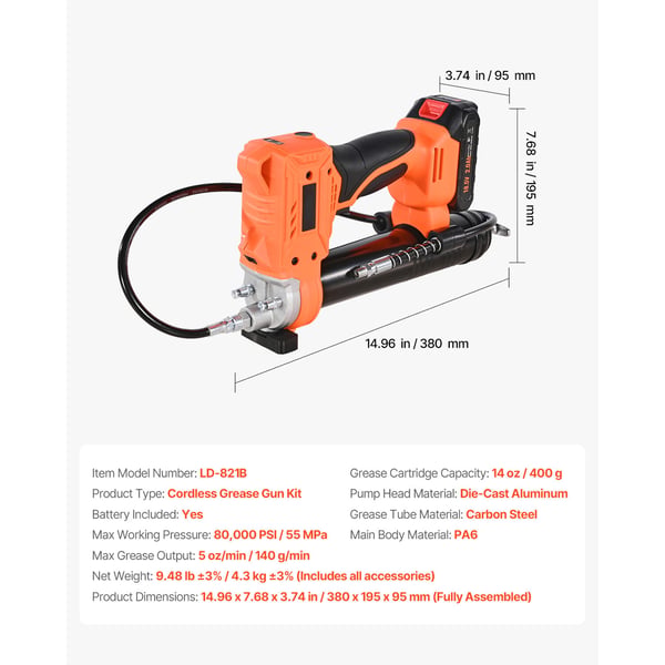 Ledningsfri fedtpistol, 380x195x95 mm, 20V, 8000 PSI, elektrisk værktøj