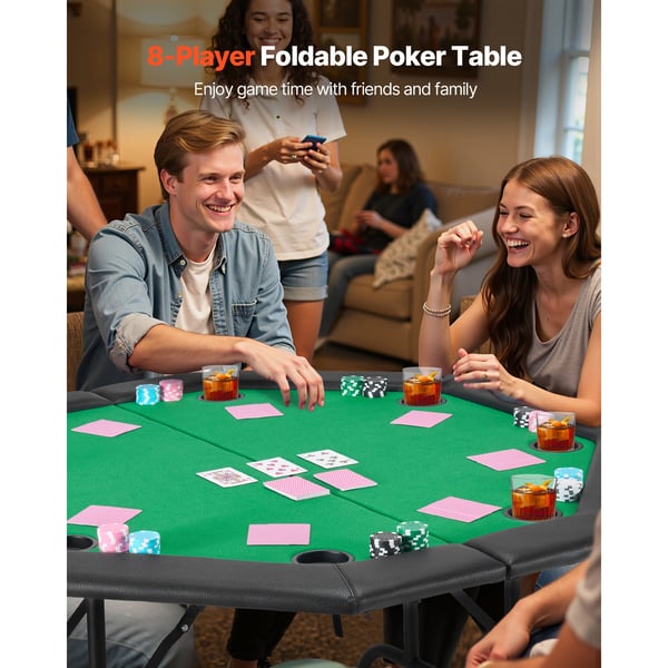 Pokerbord, 8-personers foldbart ottekantet bord, 126x126x75 cm, sort, sammenklappeligt