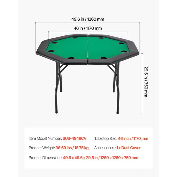 Pokerbord, 8-personers foldbart ottekantet bord, 126x126x75 cm, sort, sammenklappeligt