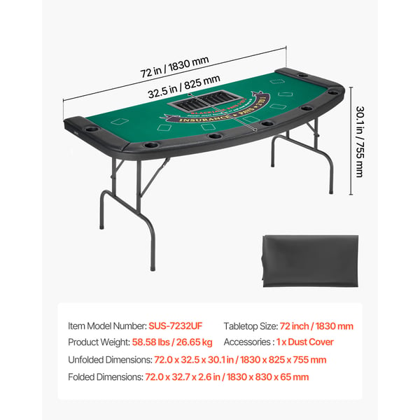 Pokertable, 183x82,5x75,5 cm, Fällbar, Metall, Filt