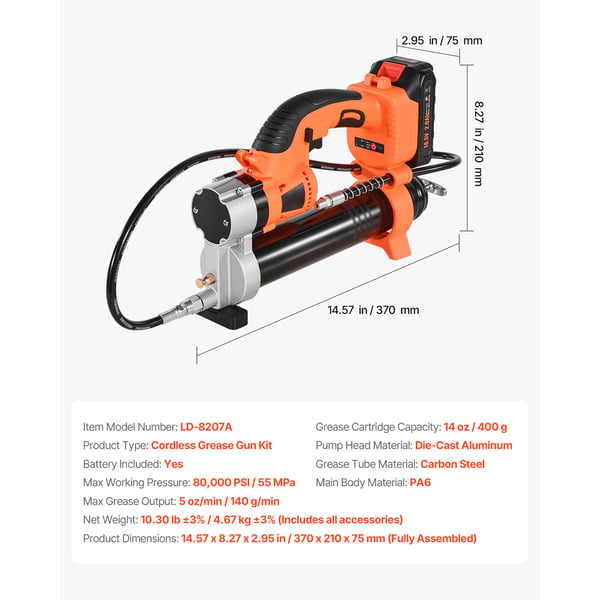 Sladdlös fettpistol 37x21x7.5 cm 20V 8000 PSI, elverktyg