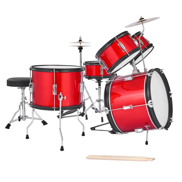 Børnetrommesæt, 5-delt 40,6 cm, Rød, Justerbar trommestol, Musikinstrument