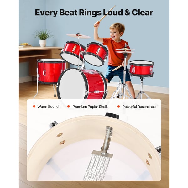 Børnetrommesæt, 5-delt 40,6 cm, Rød, Justerbar trommestol, Musikinstrument