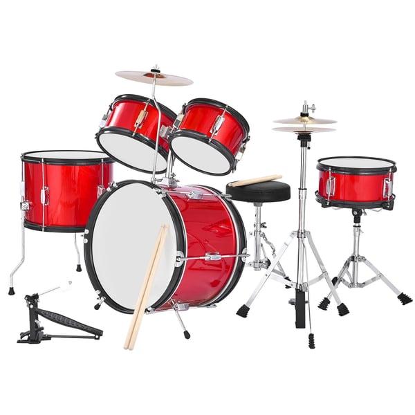Børnetrommesæt, 5-delt 40,6 cm, Rød, Justerbar trommestol, Musikinstrument